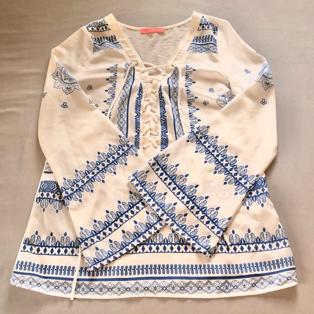 Lulumari Sheer Boho Blue White Blouse Tunic Size Small